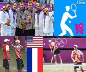 Puzzle Τένις ανδρών διπλασιάζεται πόντιουμ διπλή αρσενικό, Bob Bryan και Mike Bryan (Ηνωμένες Πολιτείες), Michael Llodra, Jo-Wilfried Tsonga και Ρίβερ Πλέιτ Julien, Richard Gasquet (Γαλλία) - London 2012-